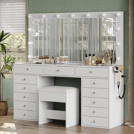Yanosaku Vanity Desk with Mirror and Stool